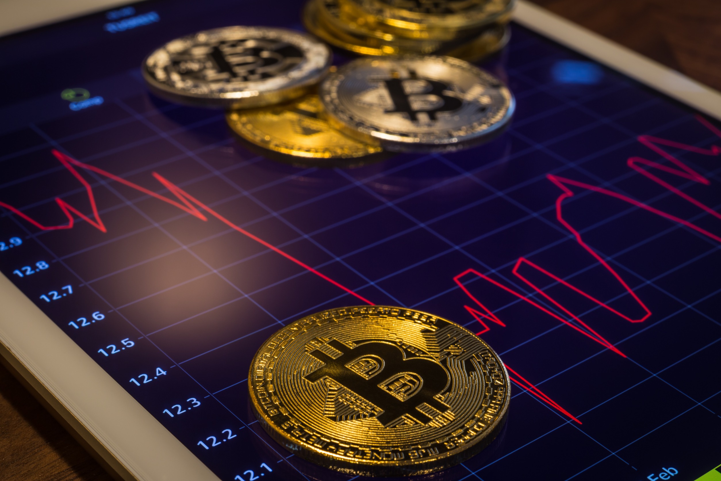 Physical representation of BTC on a screen showing a negative price chart