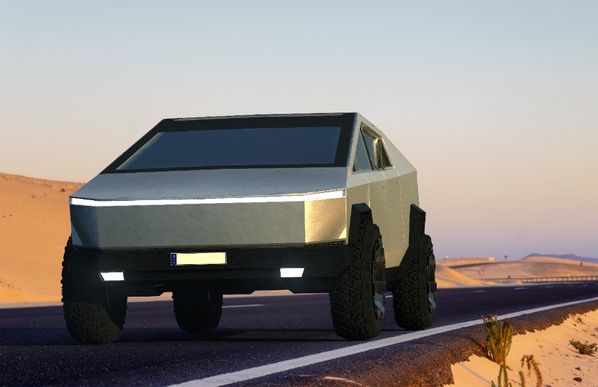 Tesla Cybertruck on an asphalt desert road.Szczecin, Poland-January 2020