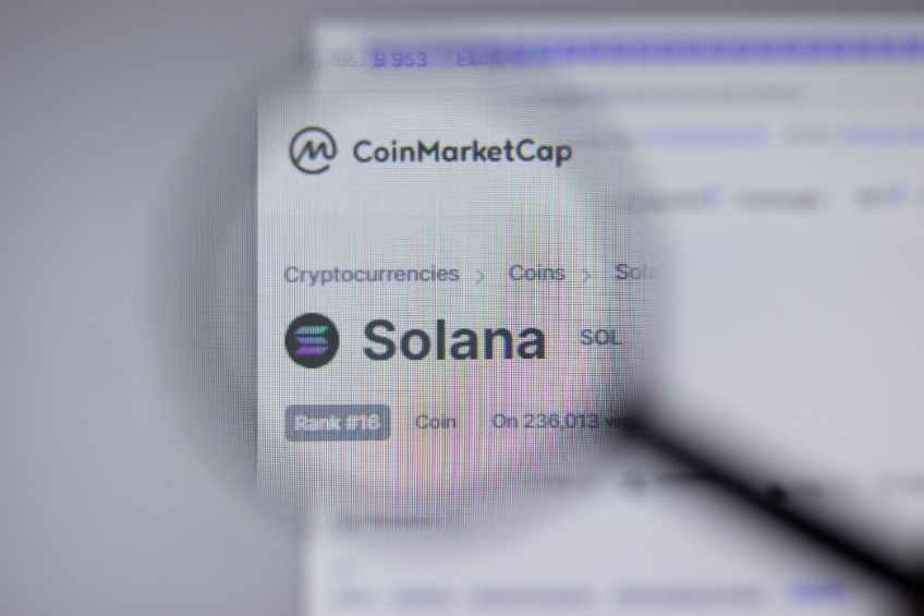 Solana SOL cryptocurrency logo close-up on website page, Illustrative Editorial