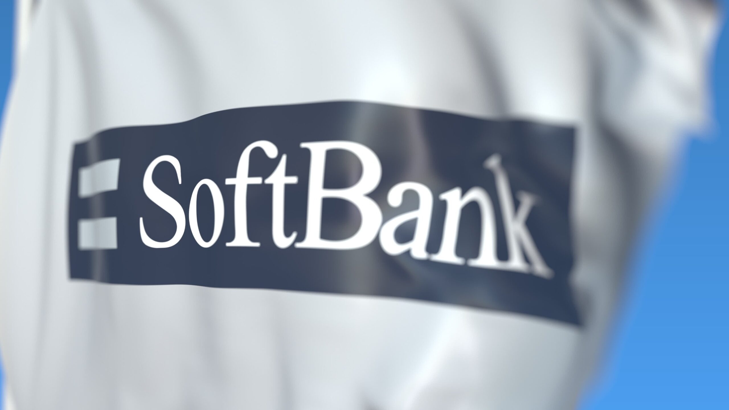 Waving flag with SoftBank Group Corp. logo, close-up. Editorial 3D rendering