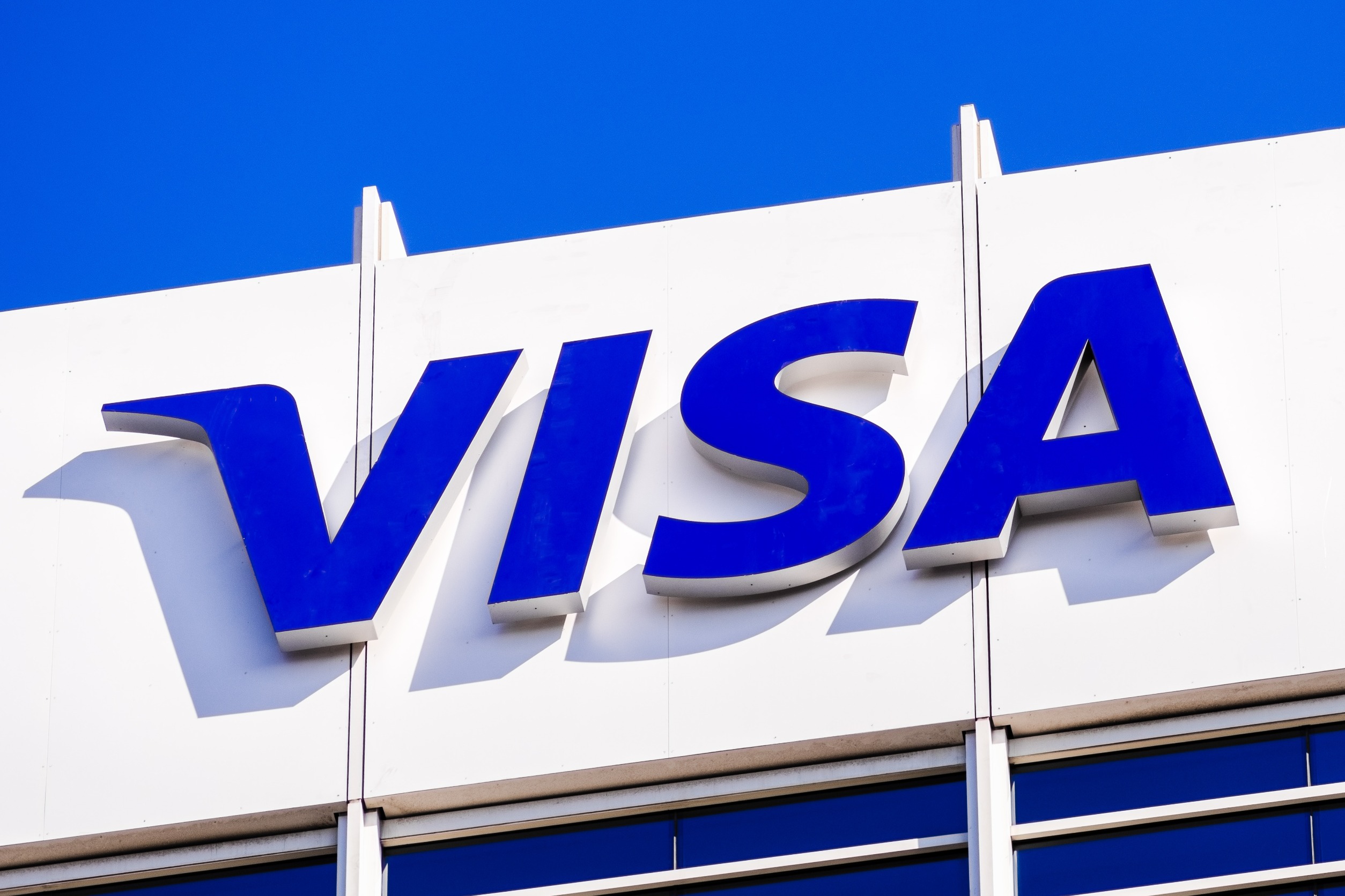 Close up of VISA sign at their global headquarters in Silicon Valley; VISA owns four buildings and is the largest employer of Foster City