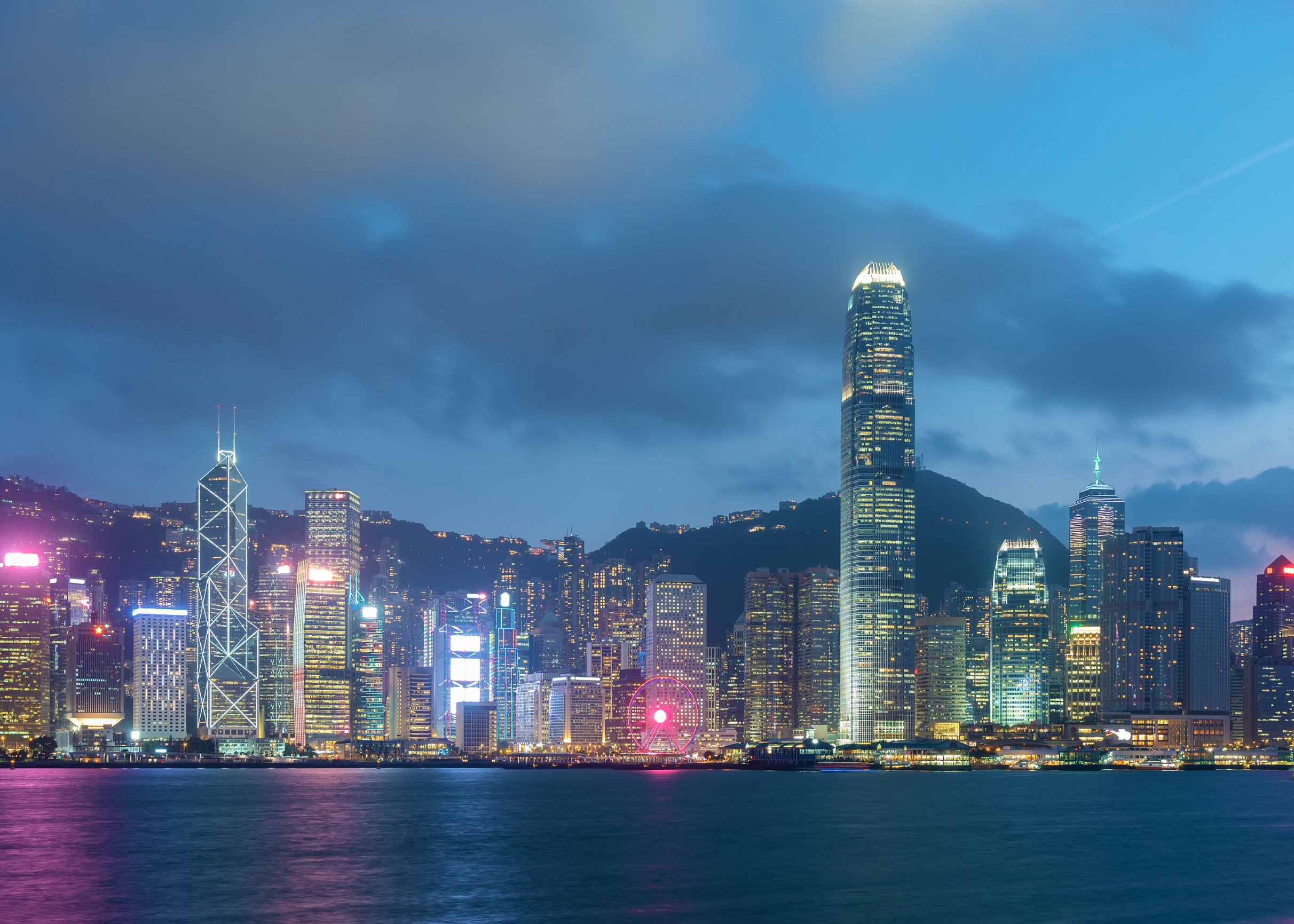 Victoria harbor of Hong Kong city at dusk