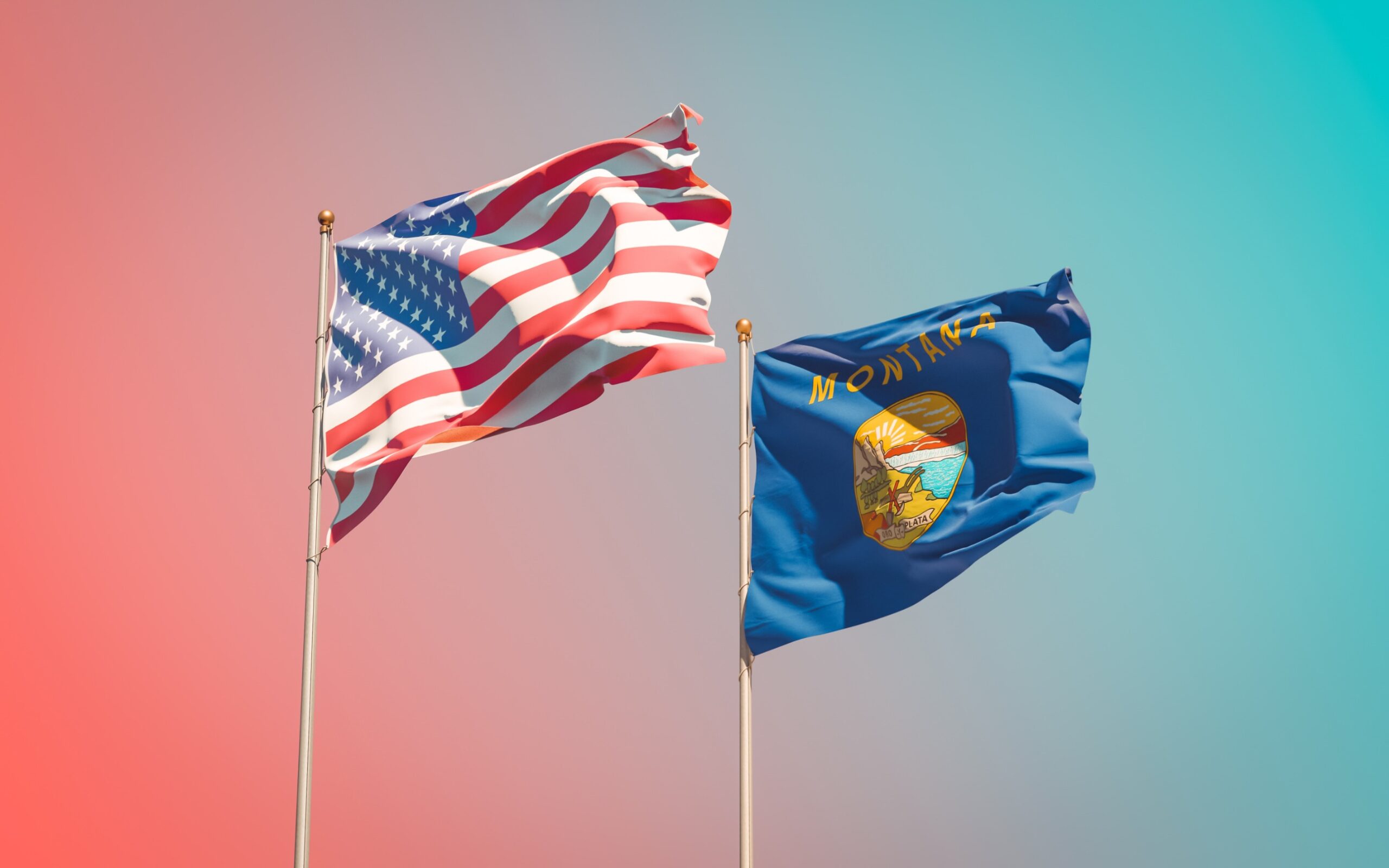 Flag of the US in front of a red background symbolising its harsh stance on crypto next to the flag of Montana on a blue background hinting at it being more crypto-friendly.