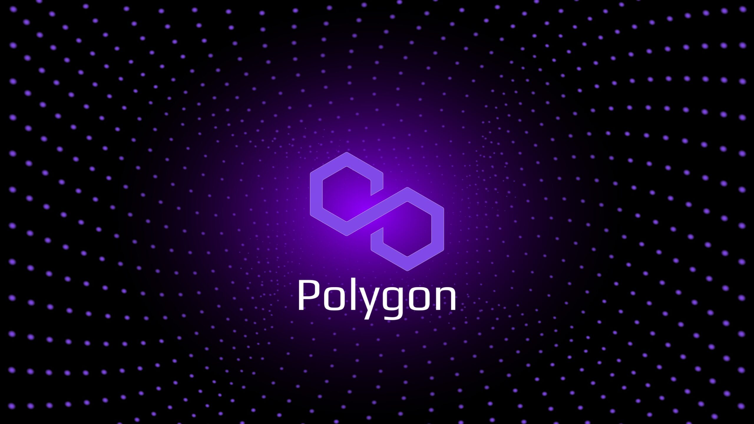 Polygon MATIC token symbol cryptocurrency in the center of spiral of glowing dots on dark background. Cryptocurrency logo icon for banner or news. Vector illustration.