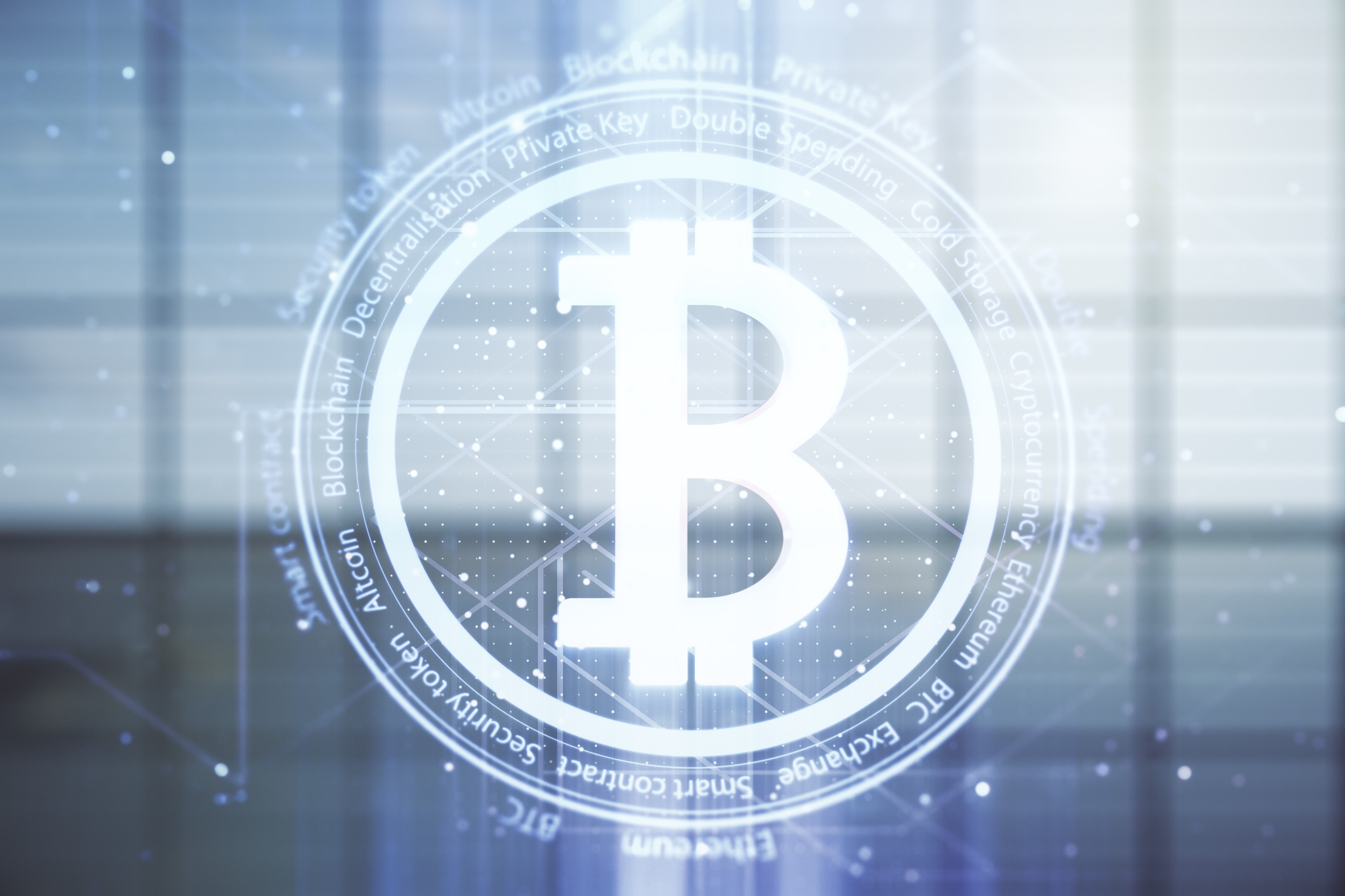 Virtual Bitcoin sketch on modern interior background. Double exposure