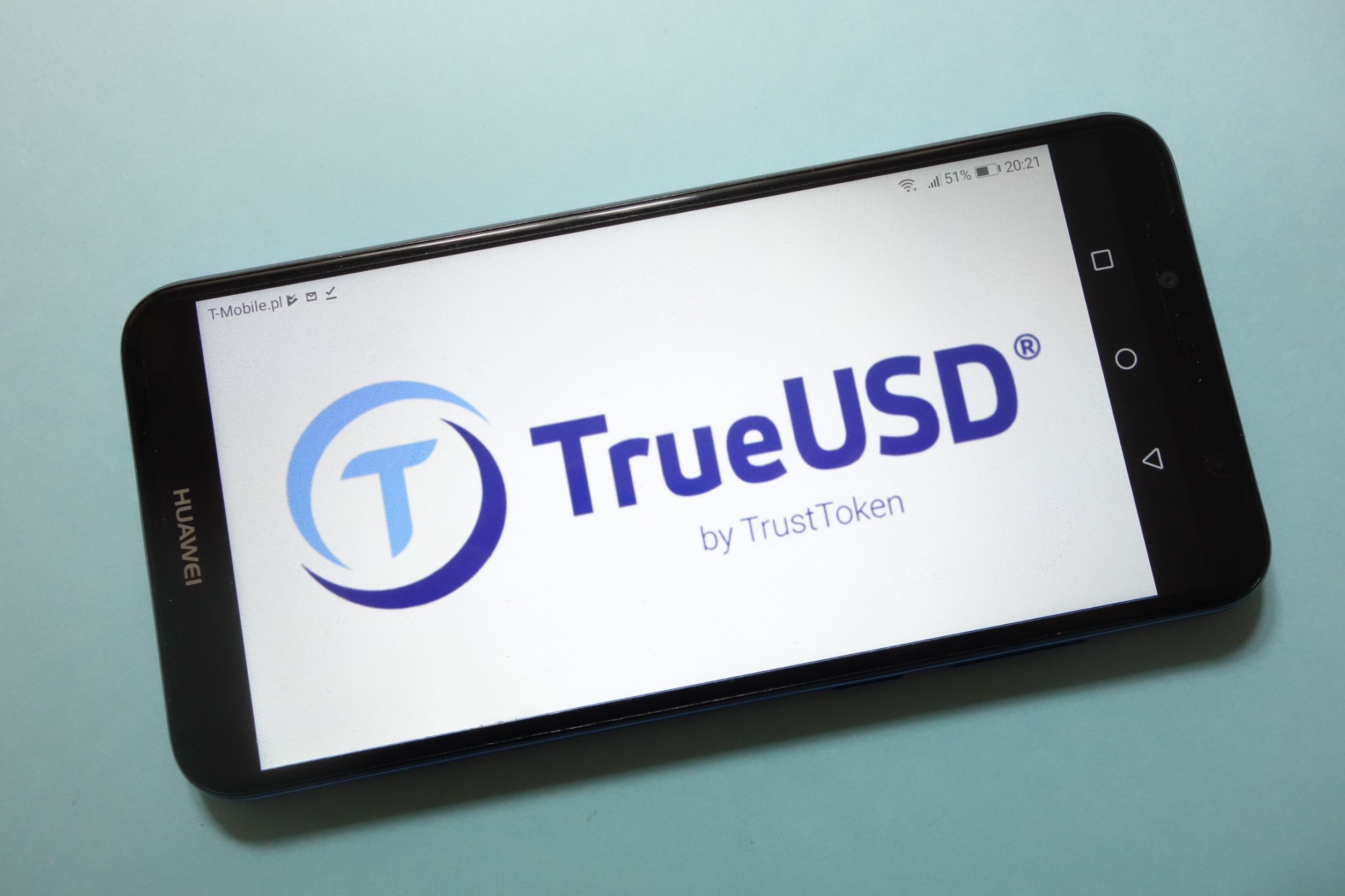 KONSKIE, POLAND - November 17, 2018: TrueUSD (TUSD) cryptocurrency logo displayed on smartphone