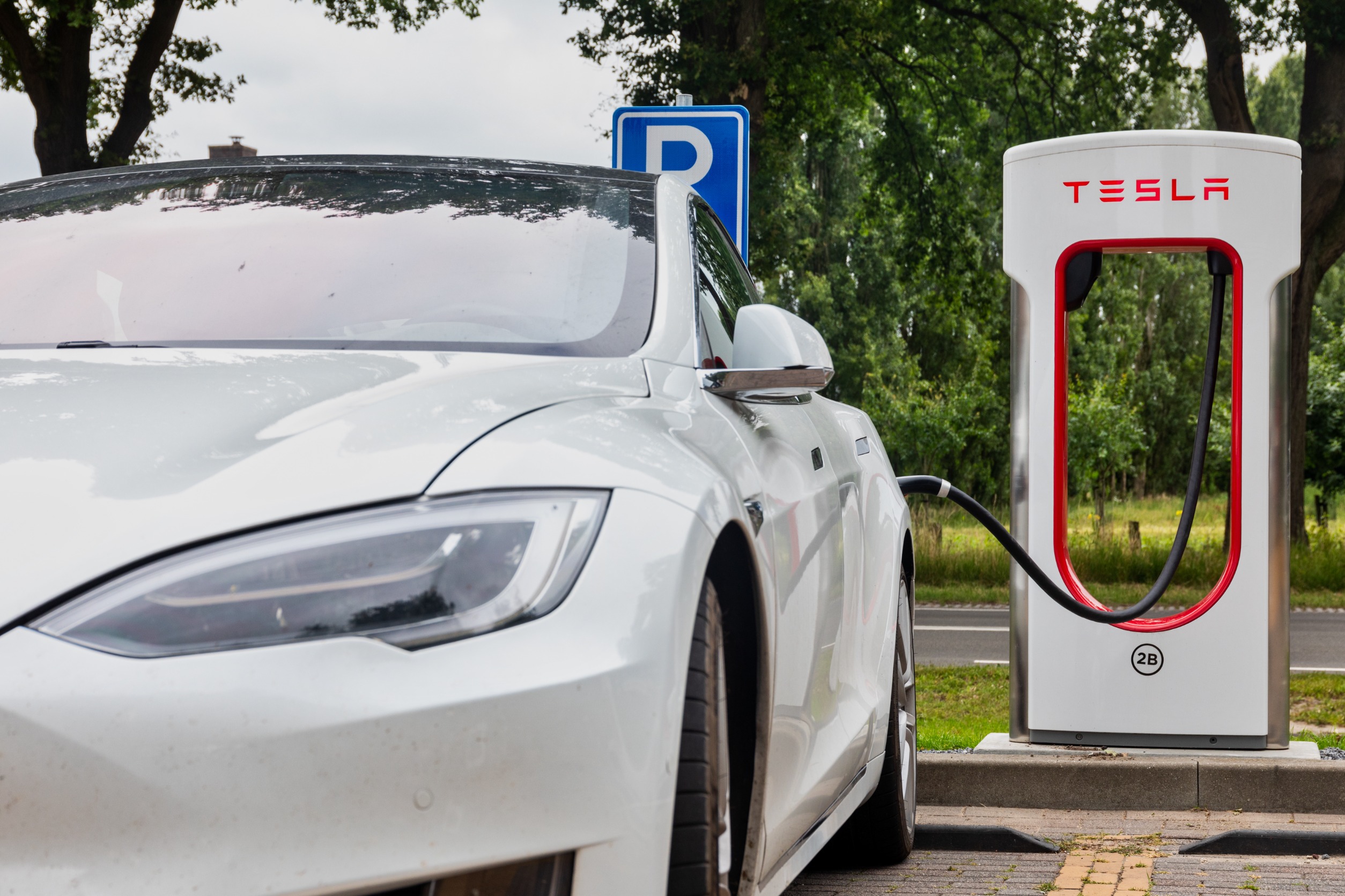 Tesla Super Charging station on Horst .Tesla Supercharger stations allow Tesla cars to be fast-charged at the network within an 30 min