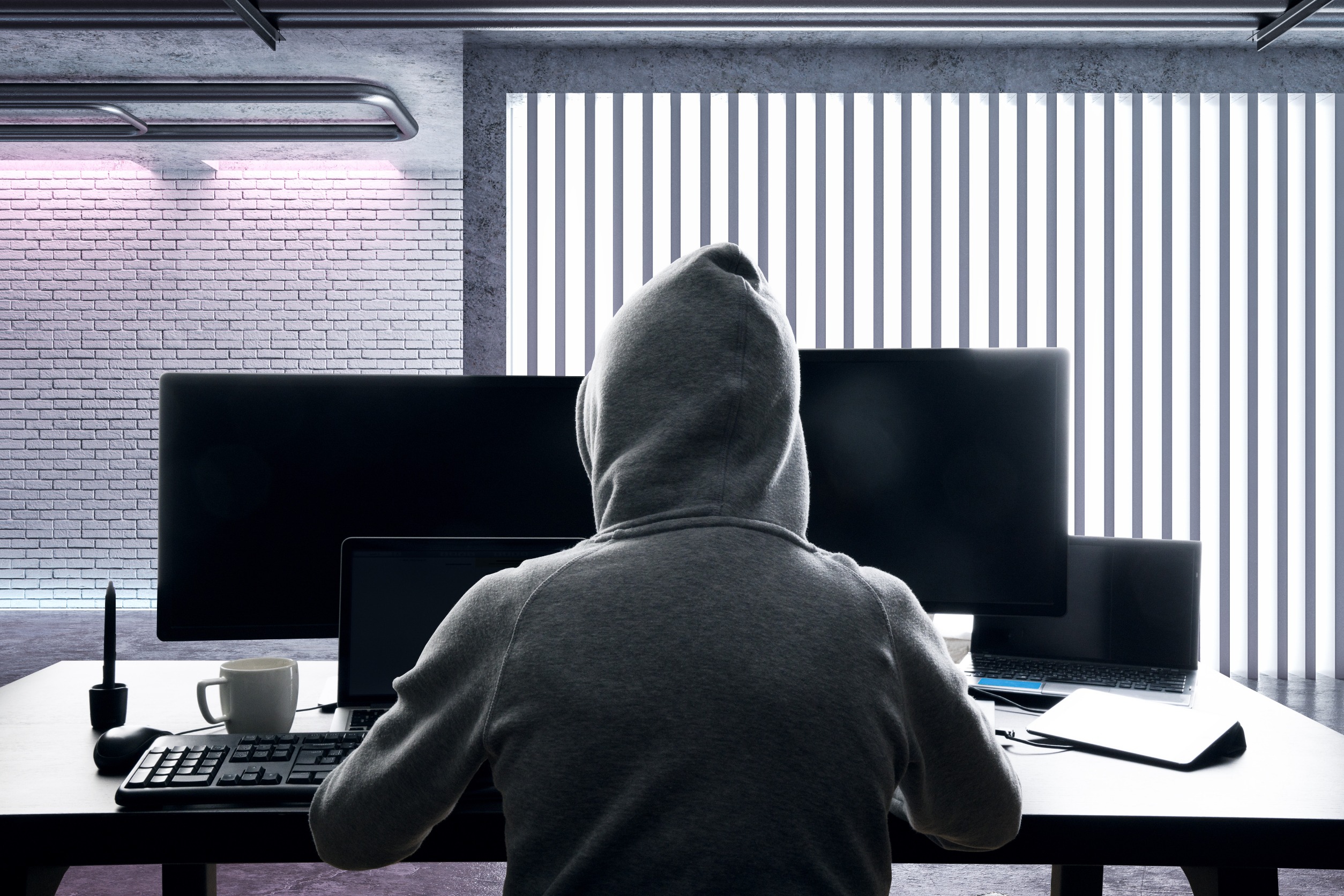 Back view of a hacker in a hoodie in front of a desktop computer.