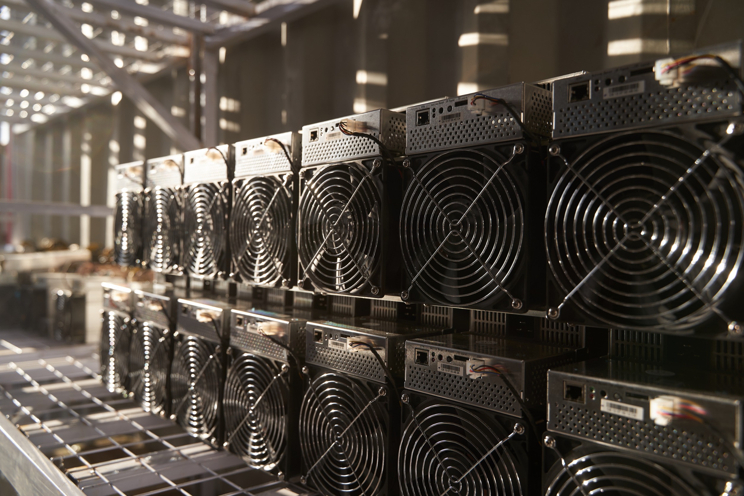 A row of bitcoin mining rigs.