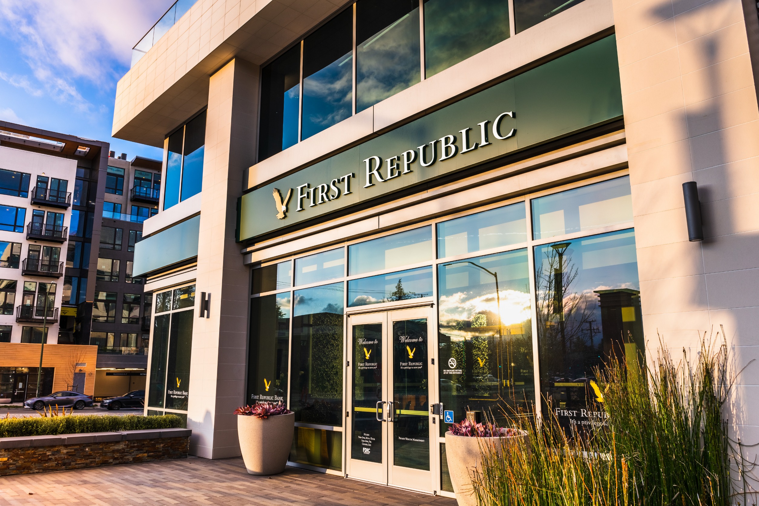 A First Republic Bank storefront taken at an angle.