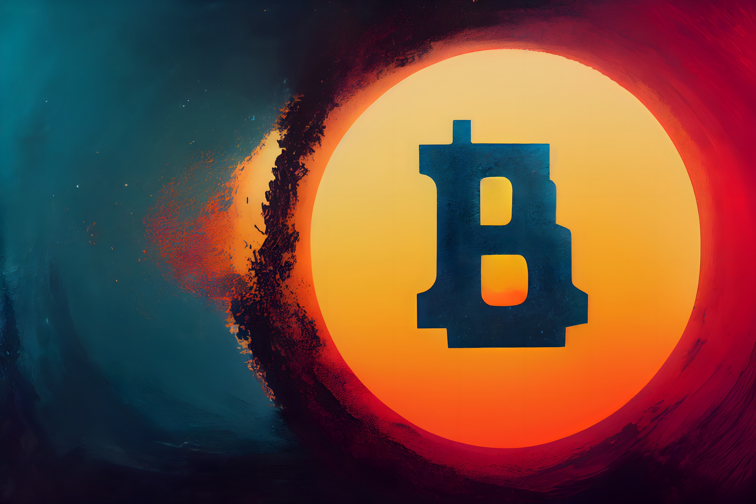A high-contrast graphic depicting Bitcoin's B in an orange cloud.