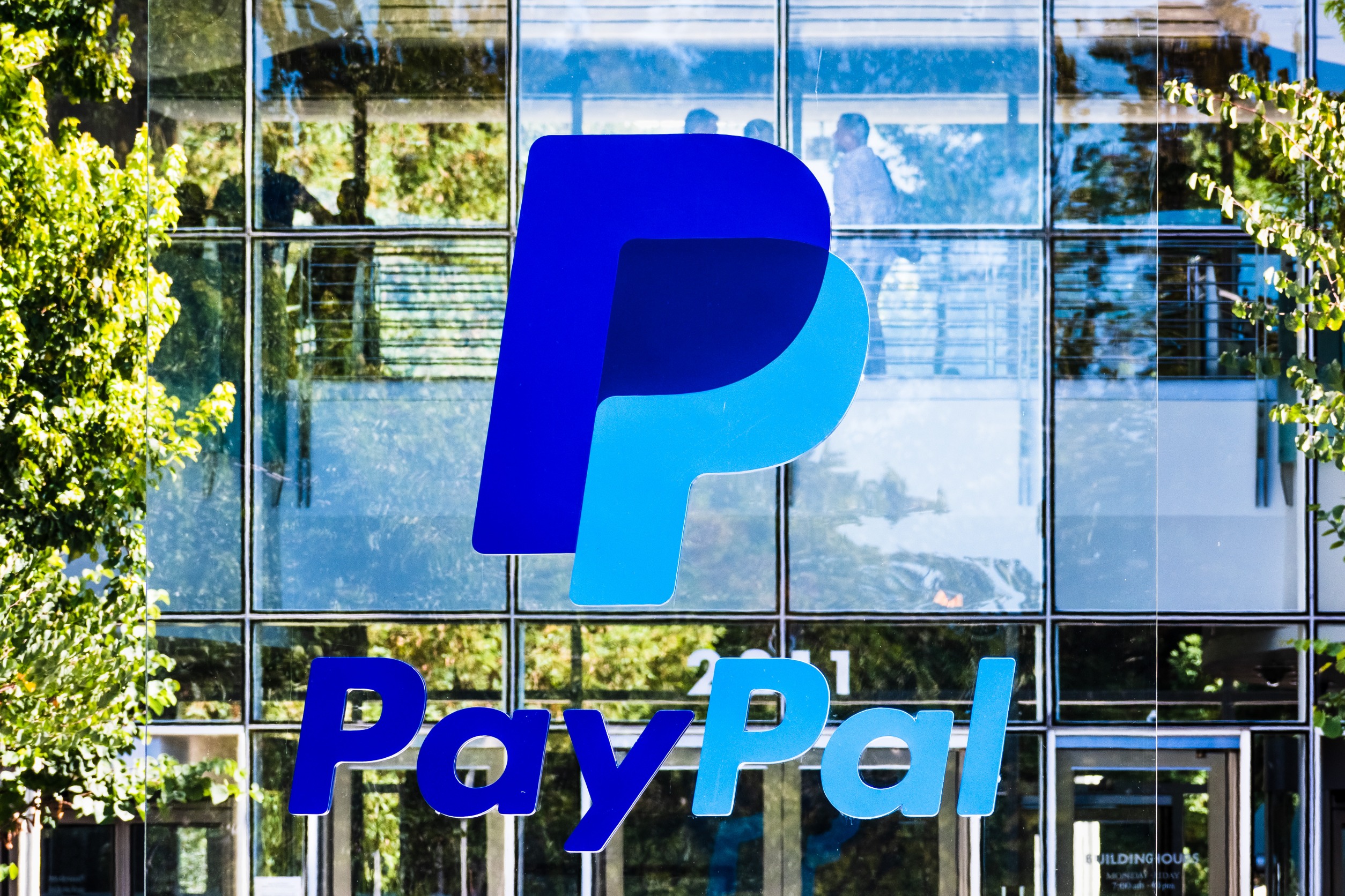 A building with PayPal's "P" and "PayPal" written on it.