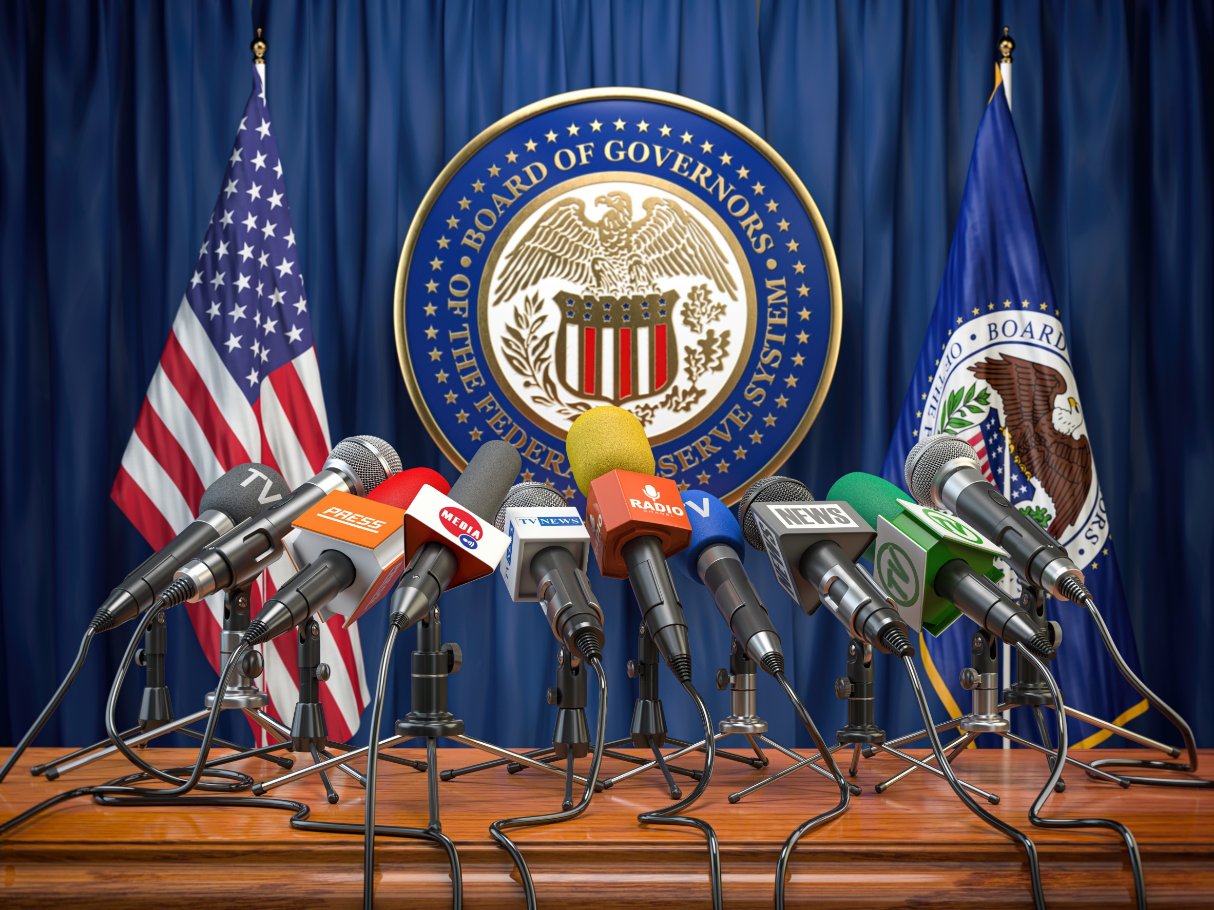 FED speaker's podium with a large number of microphones.