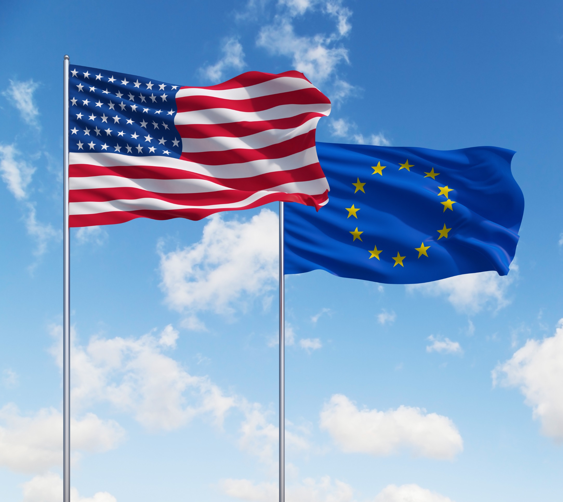 Flags of the US and the EU side by side.