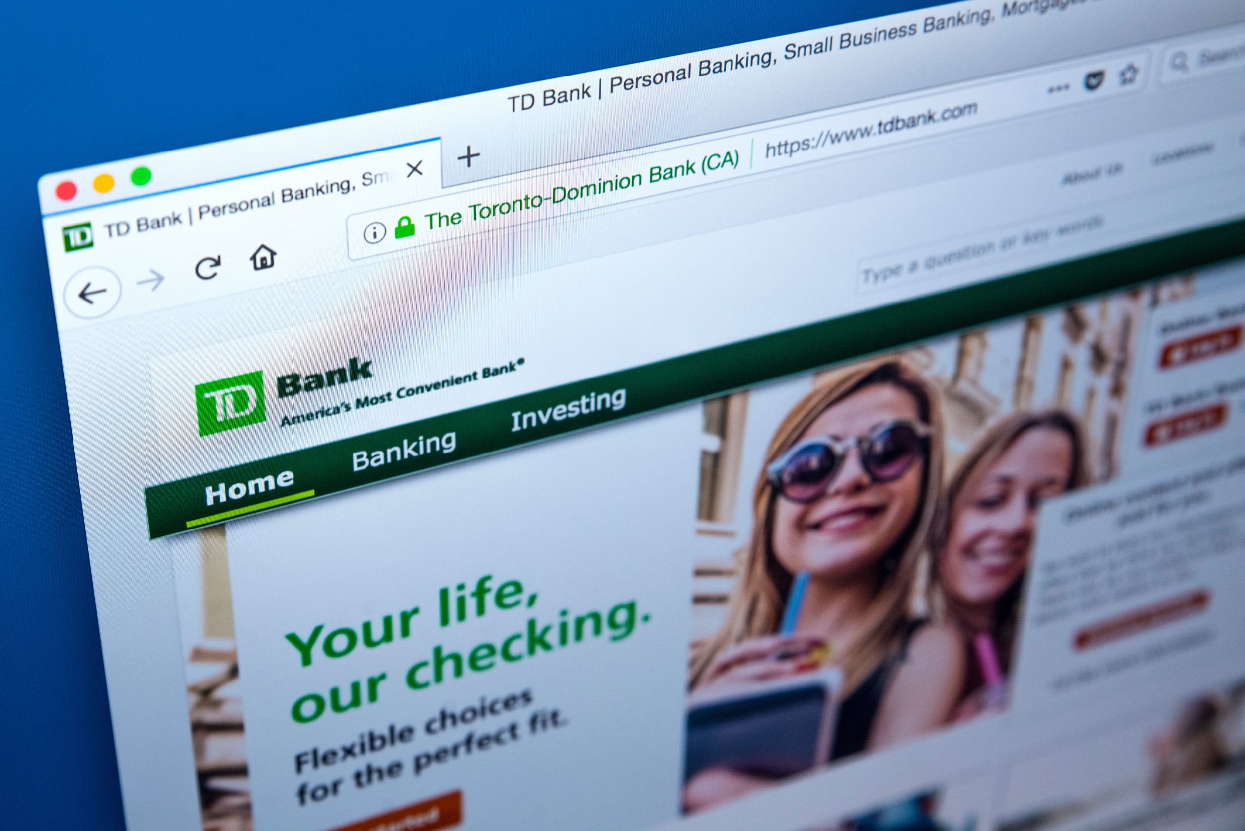 An image showing the landing page of TD Bank's website.
