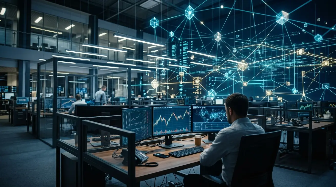 Modern trading floor merging with blockchain network visualization, representing institutional equities trading on distributed ledgers
