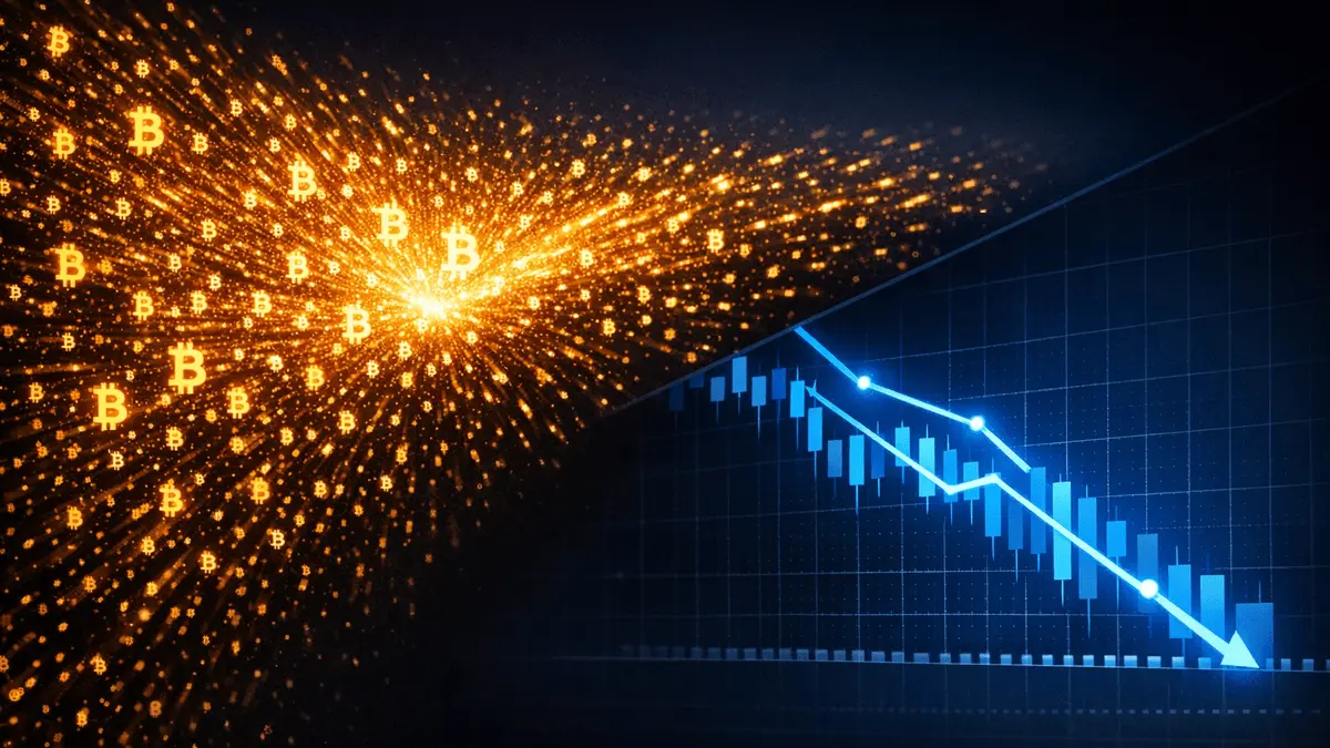 Bitcoin outflow visualization with declining charts showing institutional ETF redemptions and market pressure