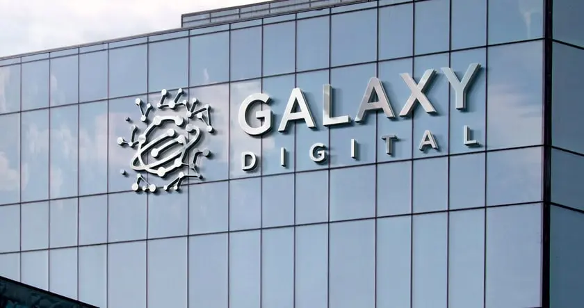 Galaxy Digital logo on an office building facade.
