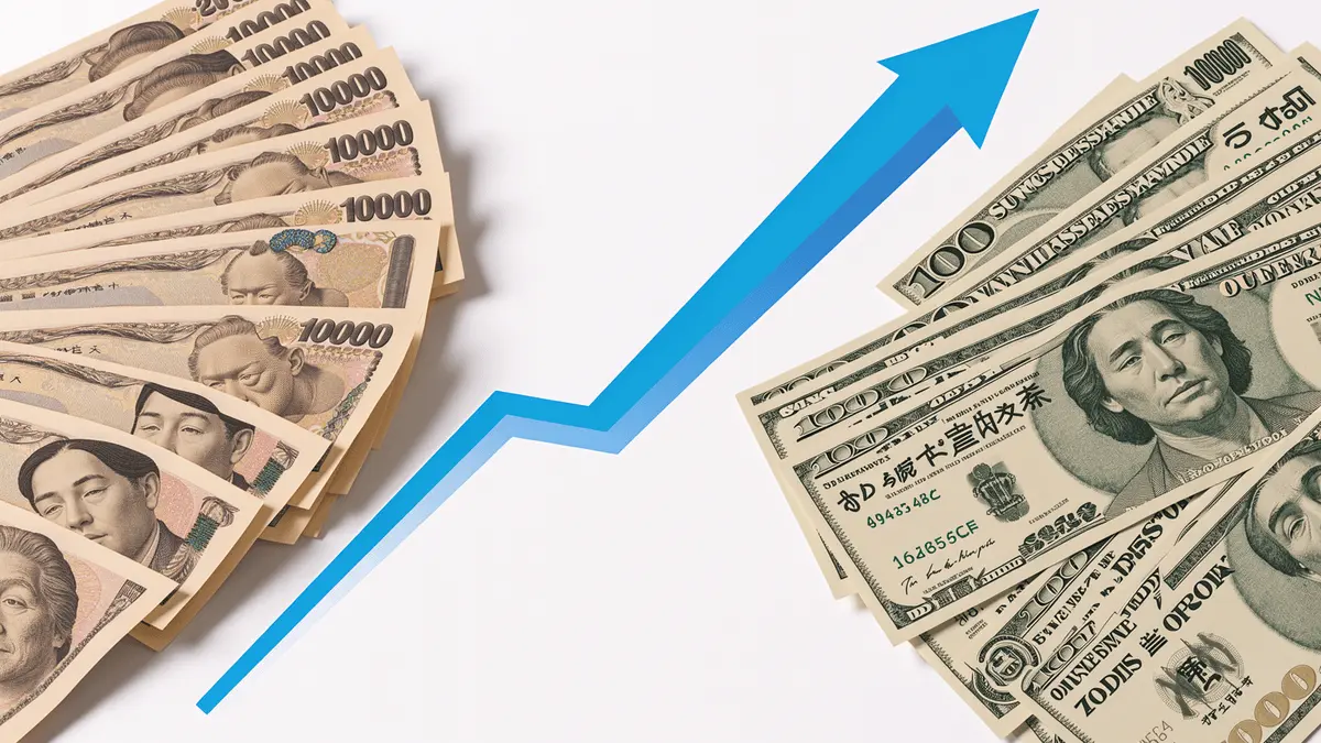 Japanese yen and US dollar bills with blue upward trend line showing USD/JPY exchange rate forecast