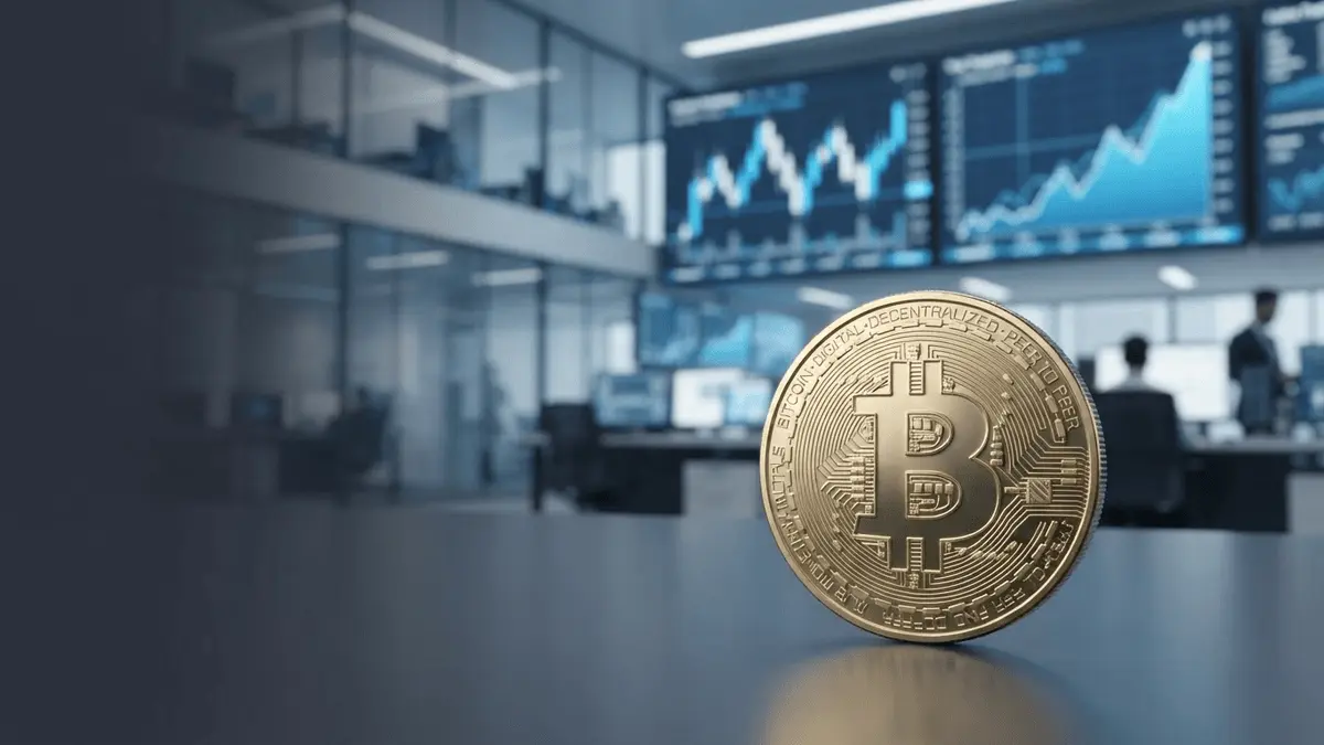 Bitcoin coin with trading charts showing institutional investment growth