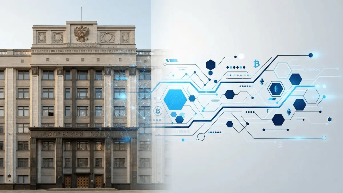 Russian State Duma building with digital blockchain network overlay representing cryptocurrency regulation