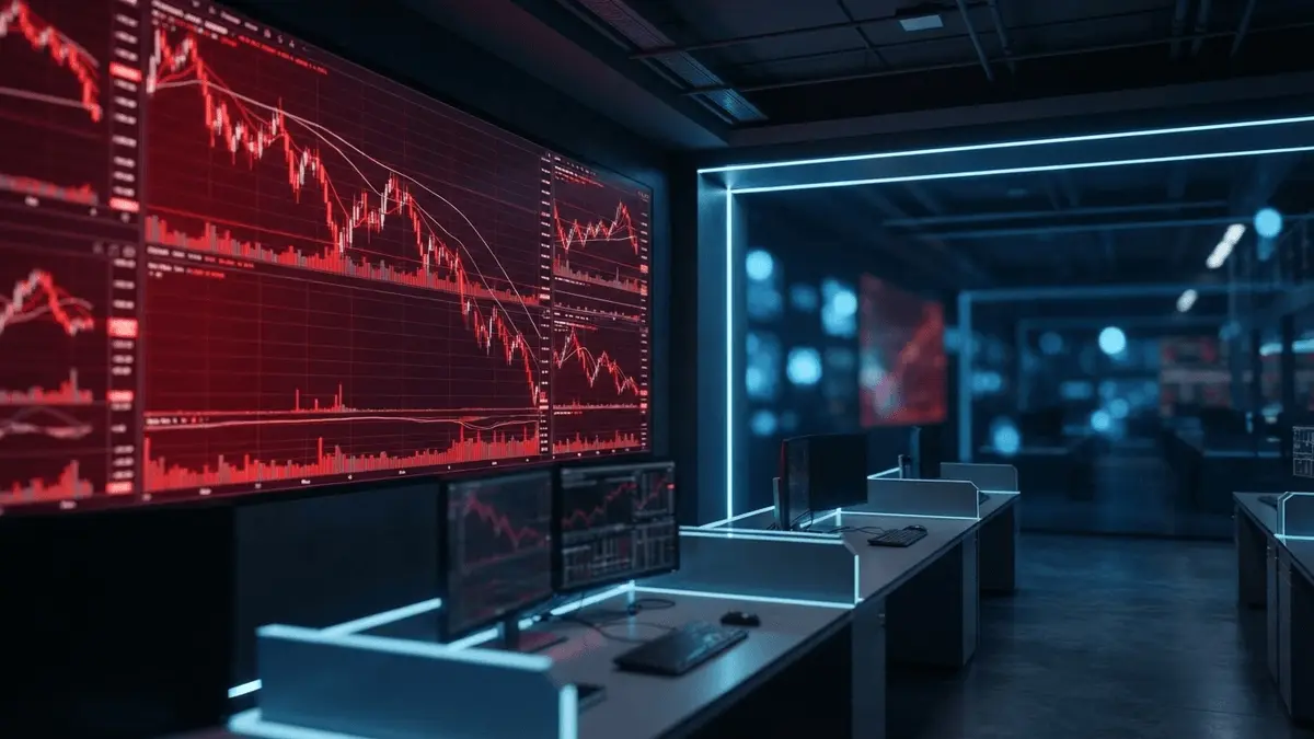 Stock market display showing declining price chart with blue accent lighting in modern trading environment