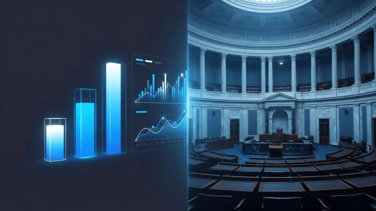 Split screen showing crypto financial data charts and US Senate chamber interior with blue accent lighting