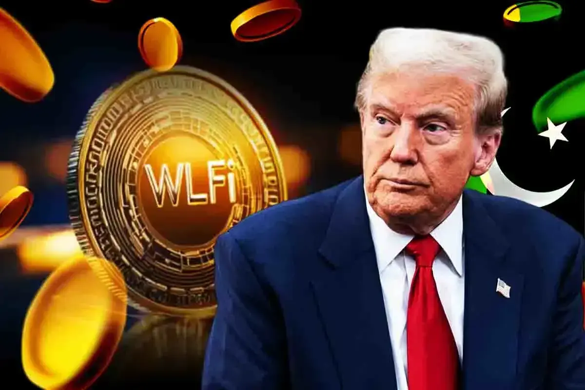 Close-up of a crypto logo labeled WLFi with Donald Trump in the foreground.